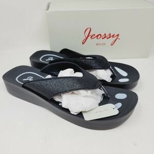 Jeossy Milan Women's Metallic Black Thong Platform Sandals Size 8 To 8.5